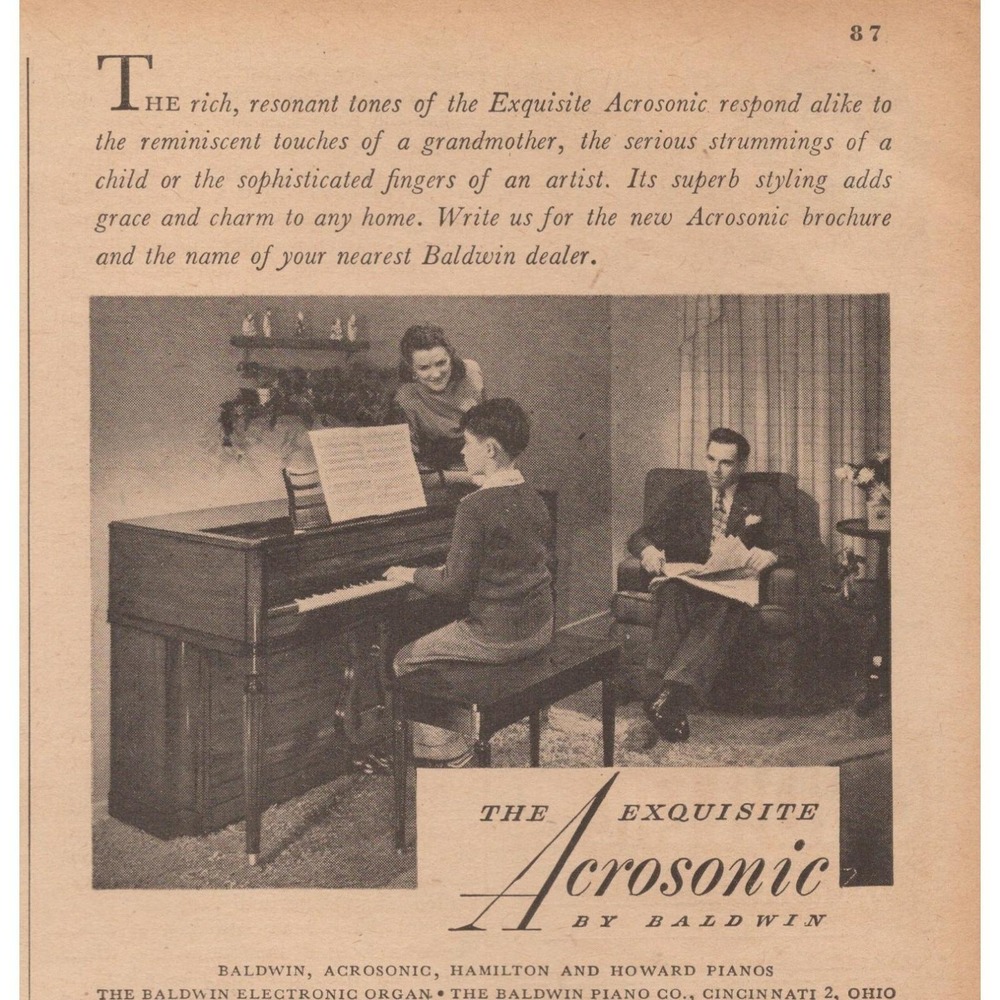 1947 Baldwin Acrosonic Piano Vintage Print Ad Cincinnati Ohio Music Room Decor